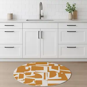 Photo of 5' Yellow And White Geometric Washable Round Rug