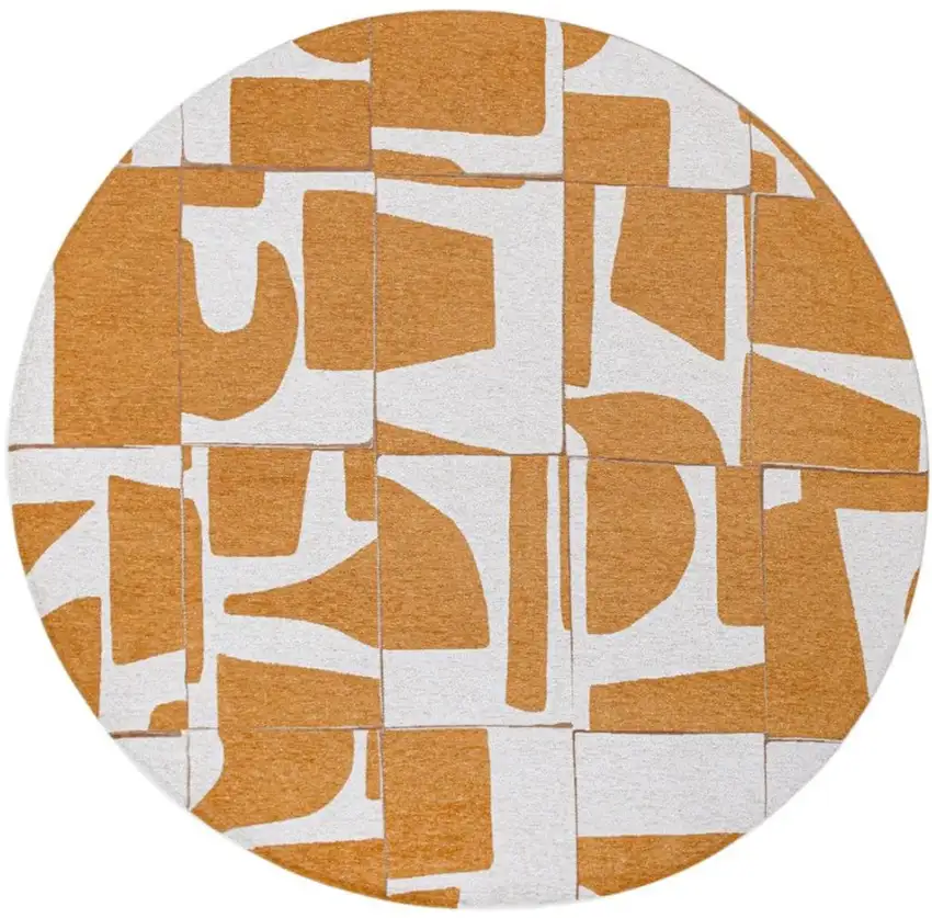 5' Yellow And White Geometric Washable Round Rug Photo 4