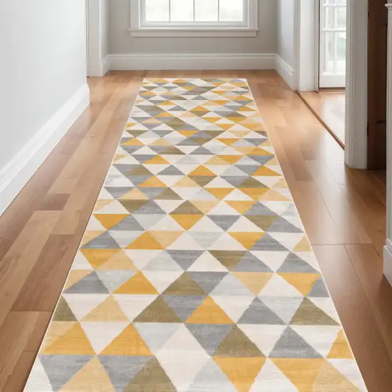 11' Yellow Beige And Gray Geometric Runner Rug Photo 1