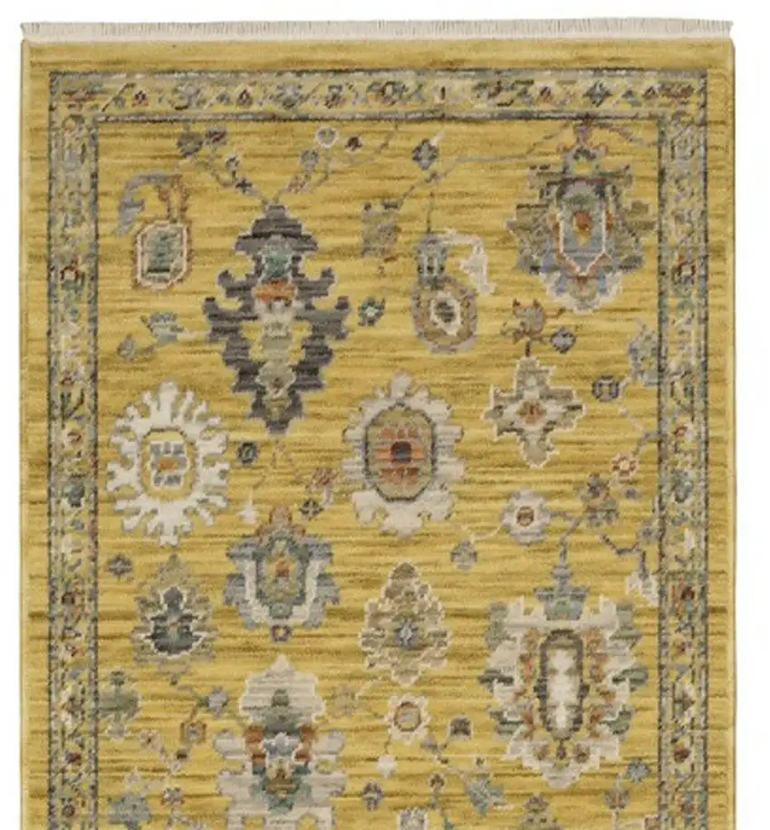 12' Yellow Black And Ivory Oriental Runner Rug With Fringe Photo 5