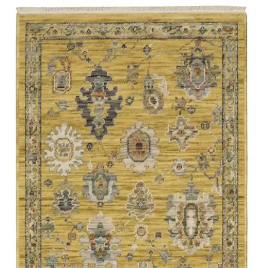 12' Yellow Black And Ivory Oriental Runner Rug With Fringe Photo 5
