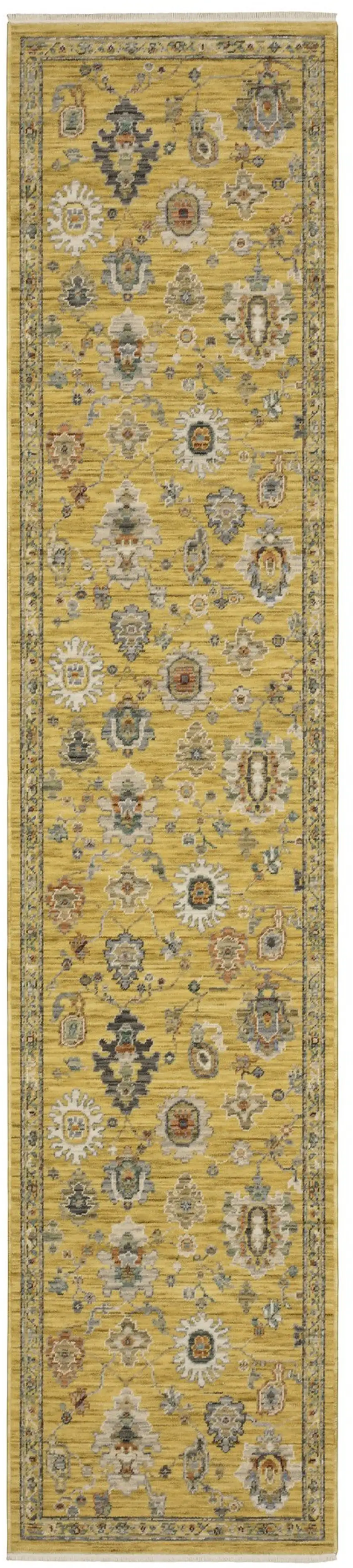 12' Yellow Black And Ivory Oriental Runner Rug With Fringe Photo 2
