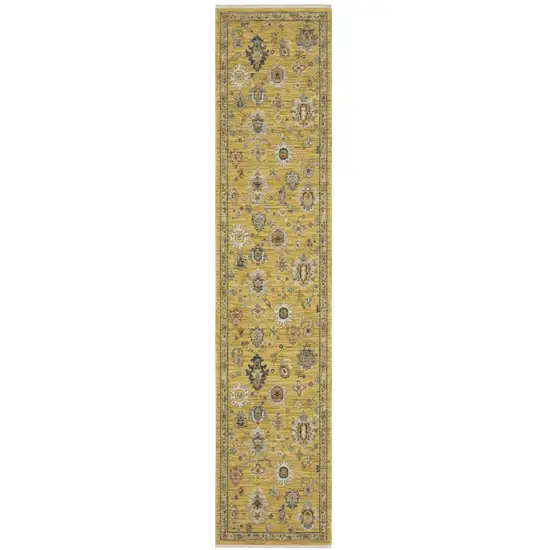12' Yellow Black And Ivory Oriental Runner Rug With Fringe Photo 2