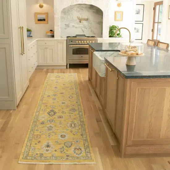 12' Yellow Black And Ivory Oriental Runner Rug With Fringe Photo 9