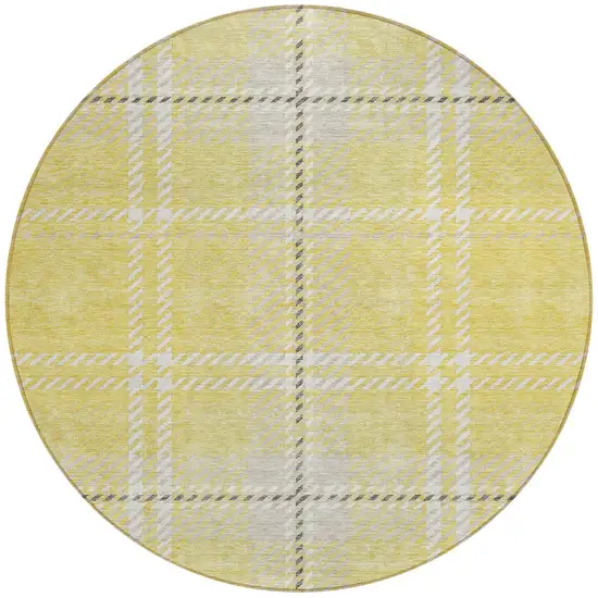 8' Yellow Black And Ivory Round Plaid Washable Indoor Outdoor Area Rug Photo 5