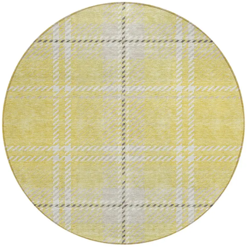 8' Yellow Black And Ivory Round Plaid Washable Indoor Outdoor Area Rug Photo 4