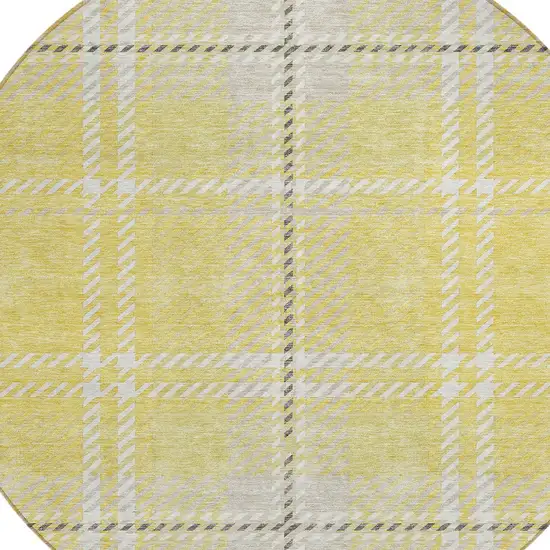 8' Yellow Black And Ivory Round Plaid Washable Indoor Outdoor Area Rug Photo 4