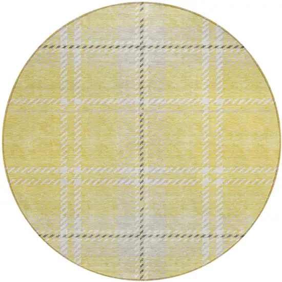 8' Yellow Black And Ivory Round Plaid Washable Indoor Outdoor Area Rug Photo 2