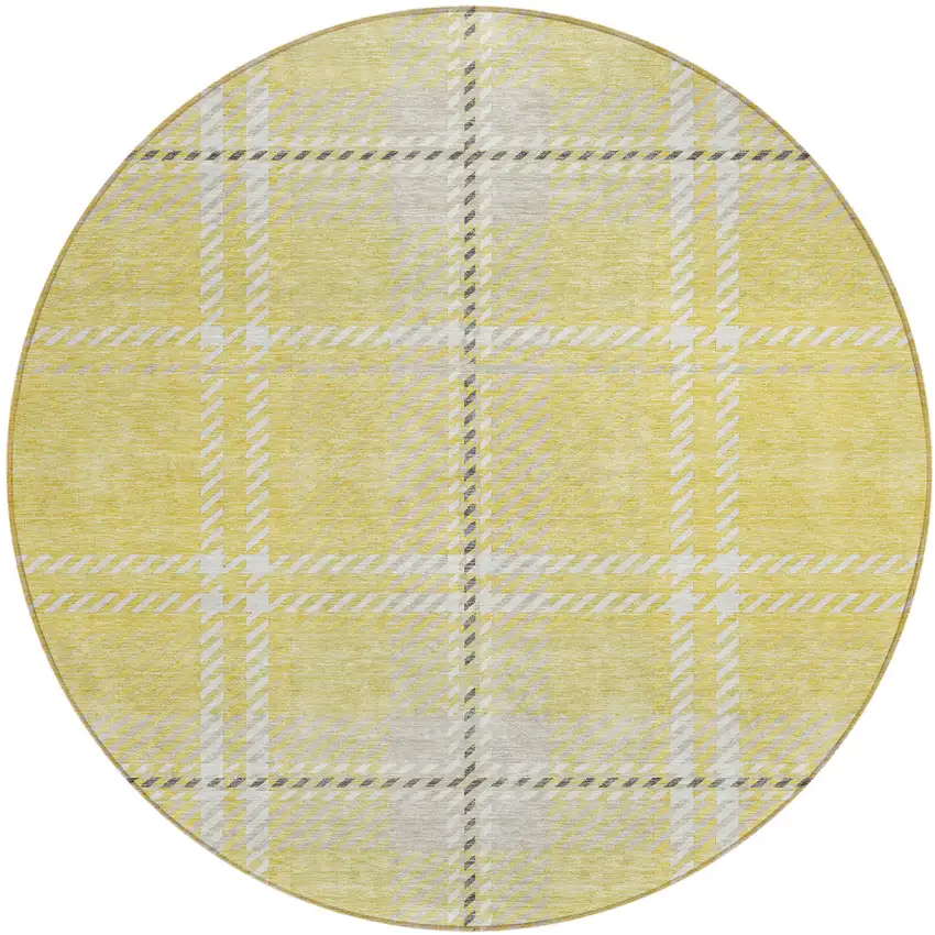 8' Yellow Black And Ivory Round Plaid Washable Indoor Outdoor Area Rug Photo 2
