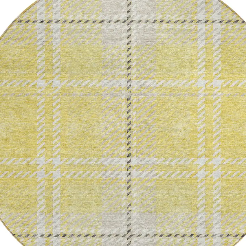 8' Yellow Black And Ivory Round Plaid Washable Indoor Outdoor Area Rug Photo 3