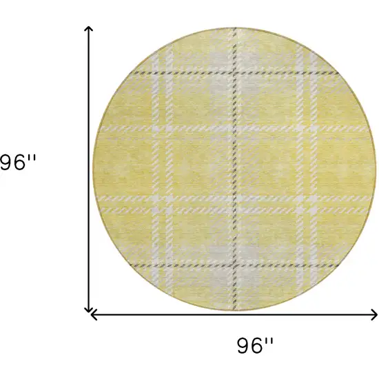 8' Yellow Black And Ivory Round Plaid Washable Indoor Outdoor Area Rug Photo 5