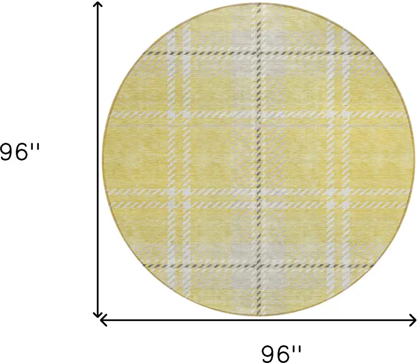 8' Yellow Black And Ivory Round Plaid Washable Indoor Outdoor Area Rug Photo 5