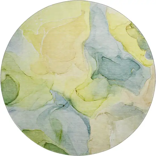 8' Yellow Blue And Beige Abstract Washable Round Rug With UV Protection Photo 1