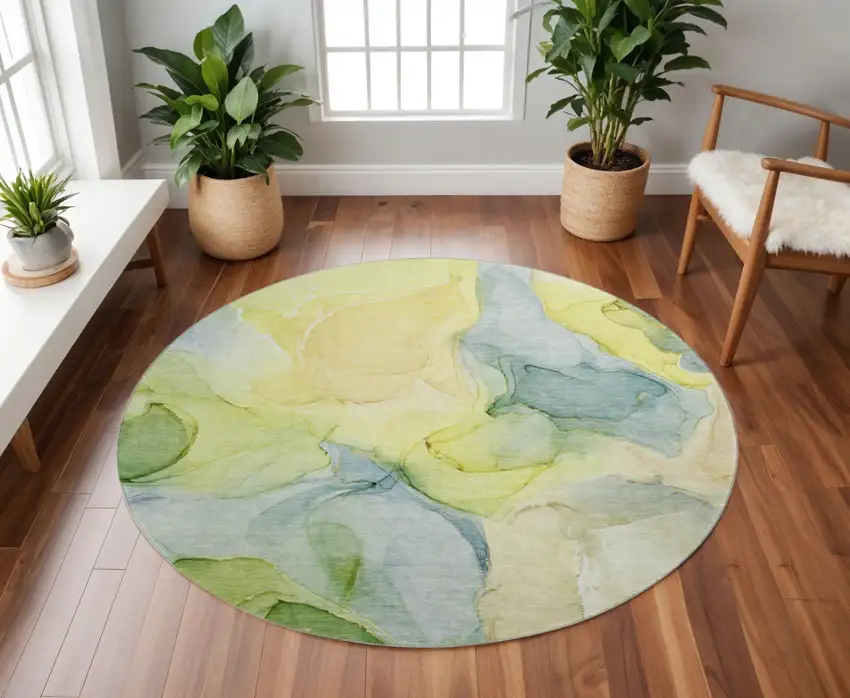 8' Yellow Blue And Beige Abstract Washable Round Rug With UV Protection Photo 2
