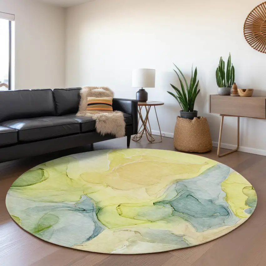 8' Yellow Blue And Beige Abstract Washable Round Rug With UV Protection Photo 5
