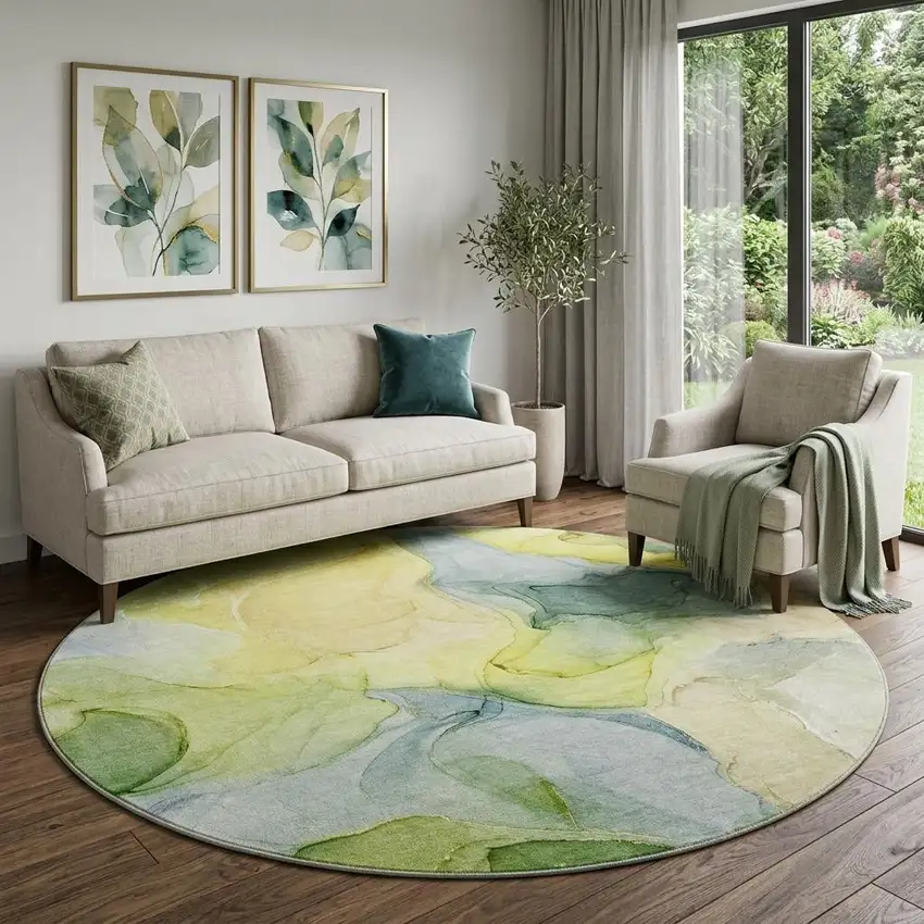 8' Yellow Blue And Beige Abstract Washable Round Rug With UV Protection Photo 1