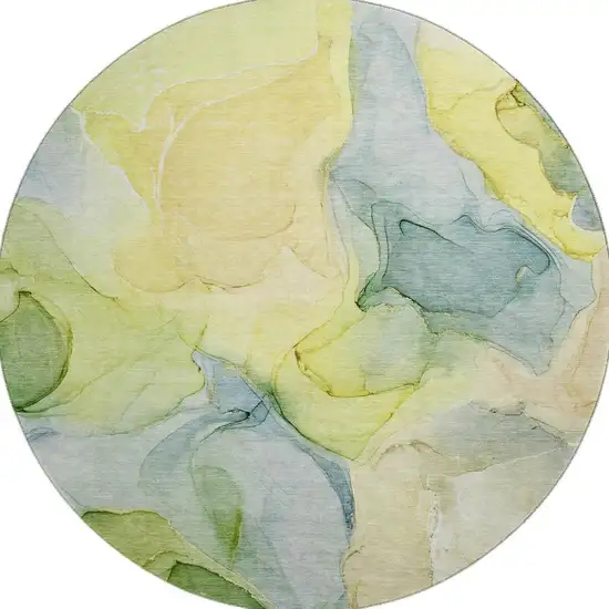 8' Yellow Blue And Beige Abstract Washable Round Rug With UV Protection Photo 4