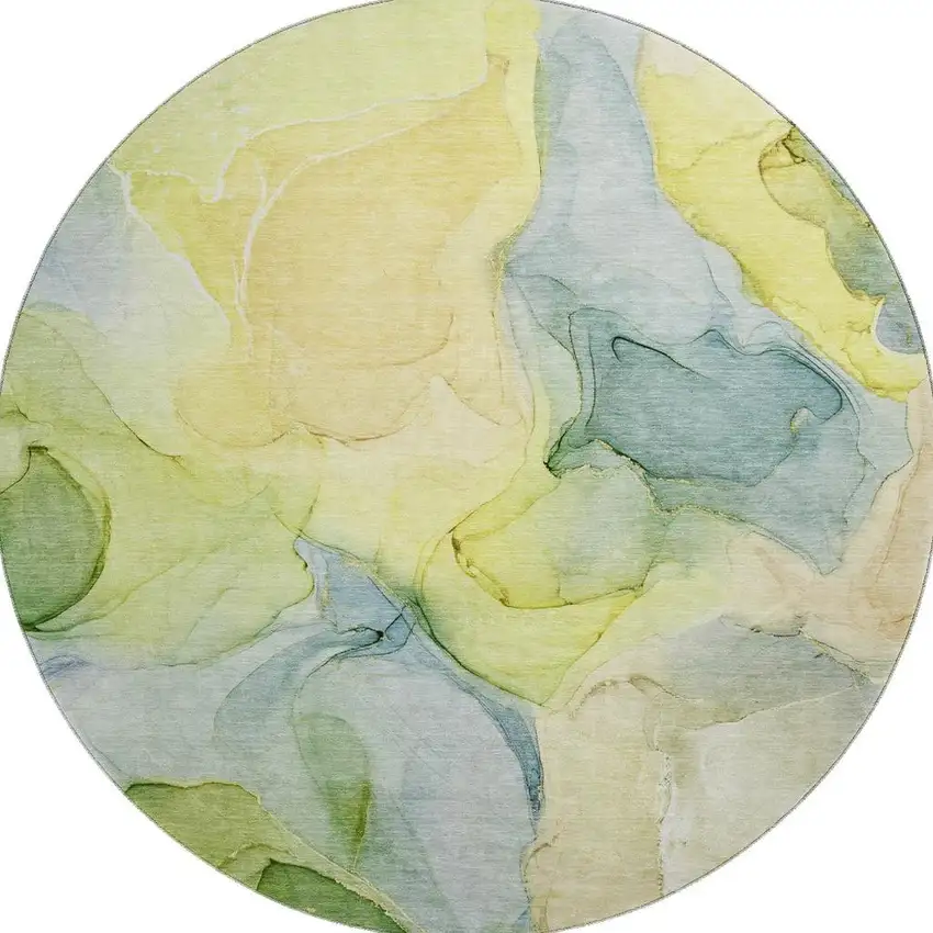 8' Yellow Blue And Beige Abstract Washable Round Rug With UV Protection Photo 4