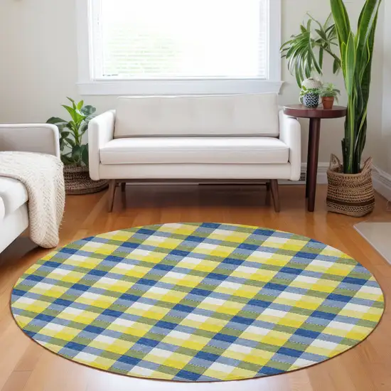8' Yellow Blue And Beige Round Plaid Washable Indoor Outdoor Area Rug Photo 8