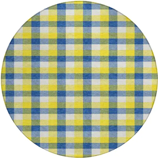 8' Yellow Blue And Beige Round Plaid Washable Indoor Outdoor Area Rug Photo 6
