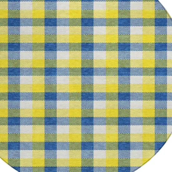 8' Yellow Blue And Beige Round Plaid Washable Indoor Outdoor Area Rug Photo 5