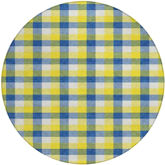 8' Yellow Blue And Beige Round Plaid Washable Indoor Outdoor Area Rug Photo 2