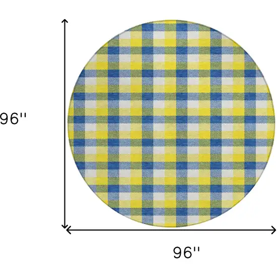 8' Yellow Blue And Beige Round Plaid Washable Indoor Outdoor Area Rug Photo 9
