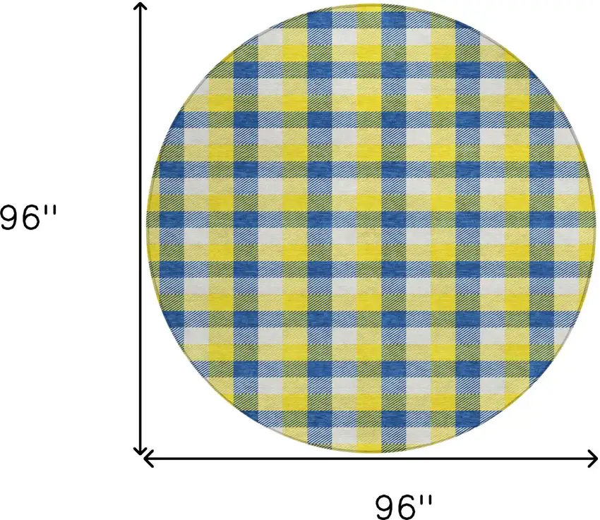 8' Yellow Blue And Beige Round Plaid Washable Indoor Outdoor Area Rug Photo 9