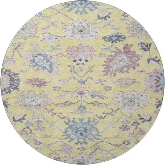 8' Yellow Blue And Blush Floral Washable Round Rug With UV Protection Photo 3