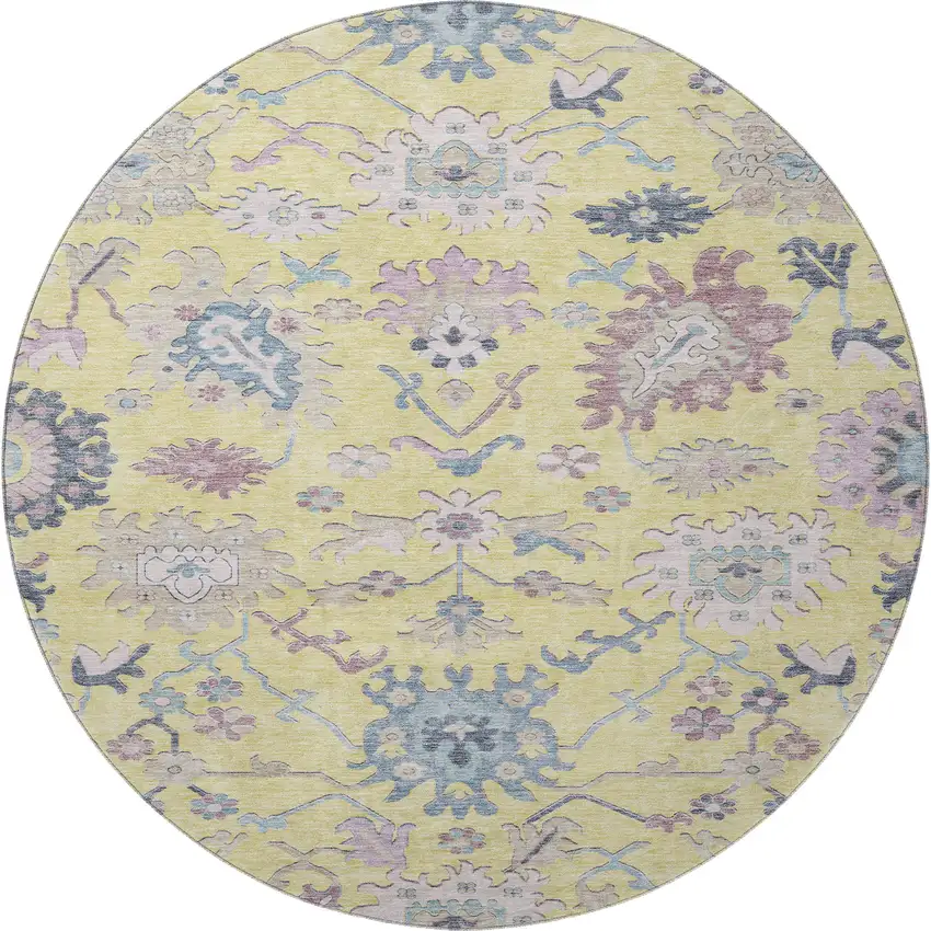 8' Yellow Blue And Blush Floral Washable Round Rug With UV Protection Photo 3