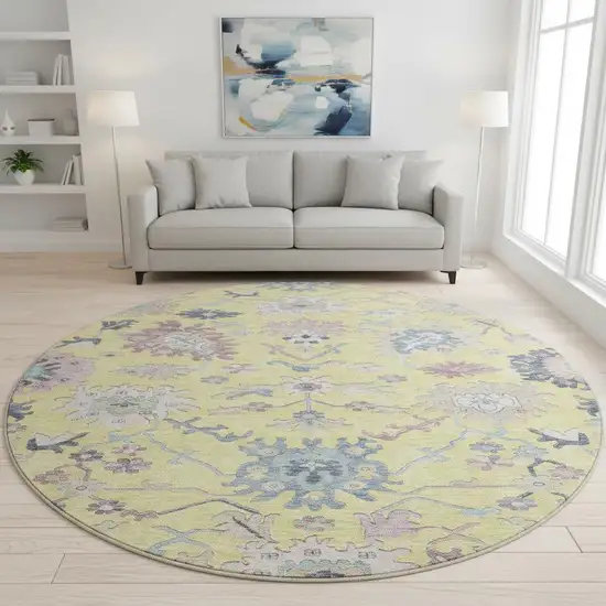 8' Yellow Blue And Blush Floral Washable Round Rug With UV Protection Photo 1