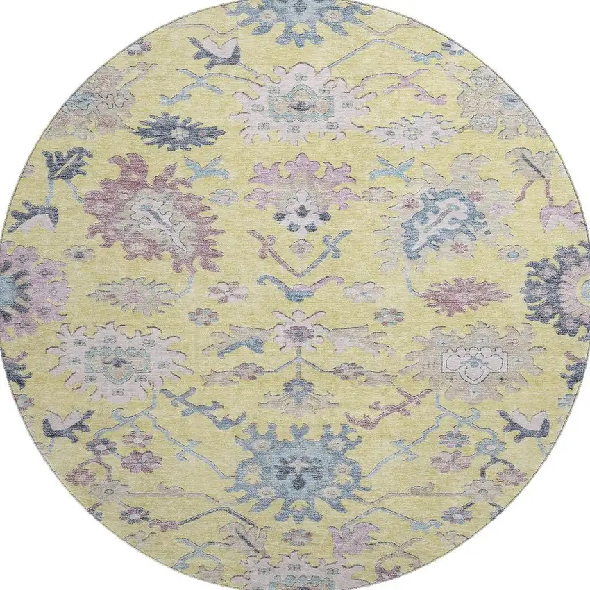 8' Yellow Blue And Blush Floral Washable Round Rug With UV Protection Photo 3