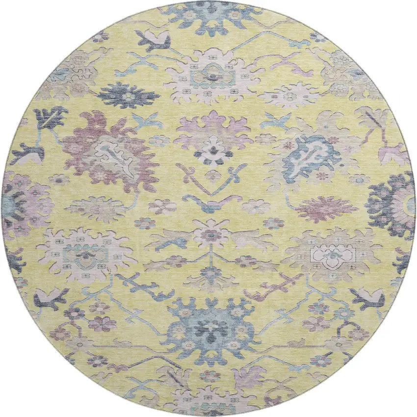 8' Yellow Blue And Blush Floral Washable Round Rug With UV Protection Photo 1