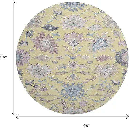 8' Yellow Blue And Blush Floral Washable Round Rug With UV Protection Photo 9