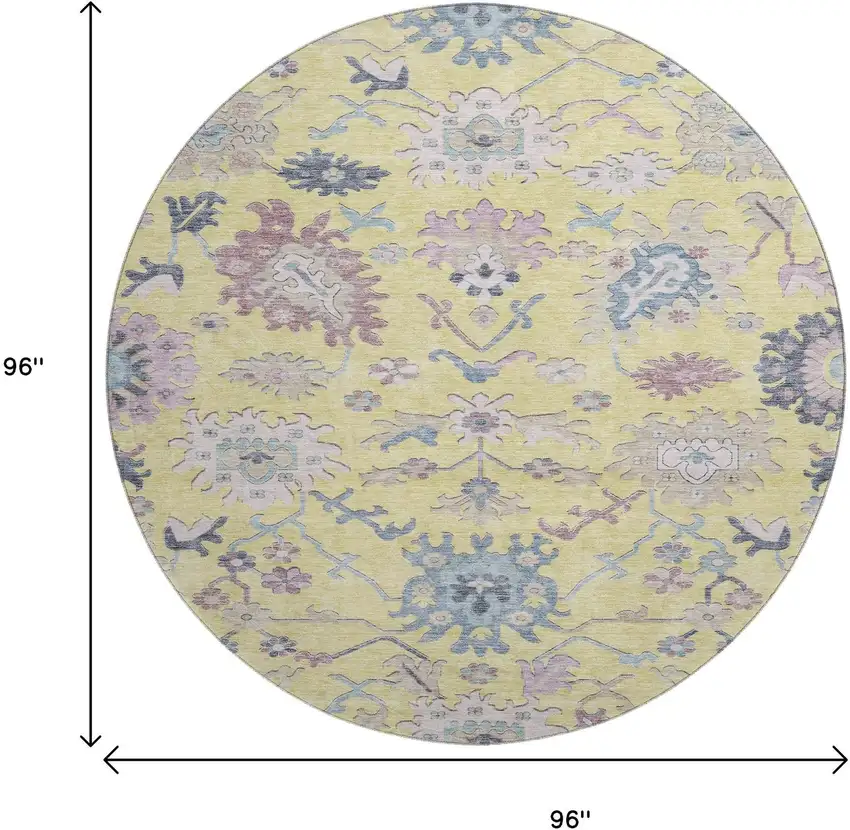 8' Yellow Blue And Blush Floral Washable Round Rug With UV Protection Photo 9