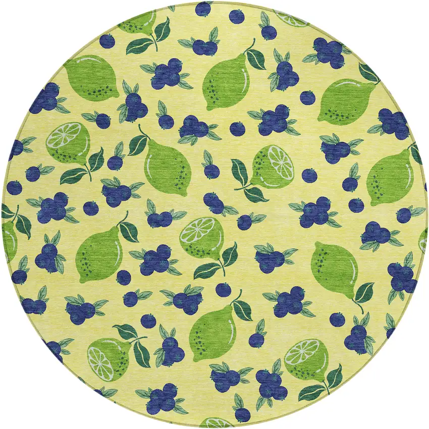 8' Yellow Blue And Green Round Lemons Washable Indoor Outdoor Area Rug Photo 2