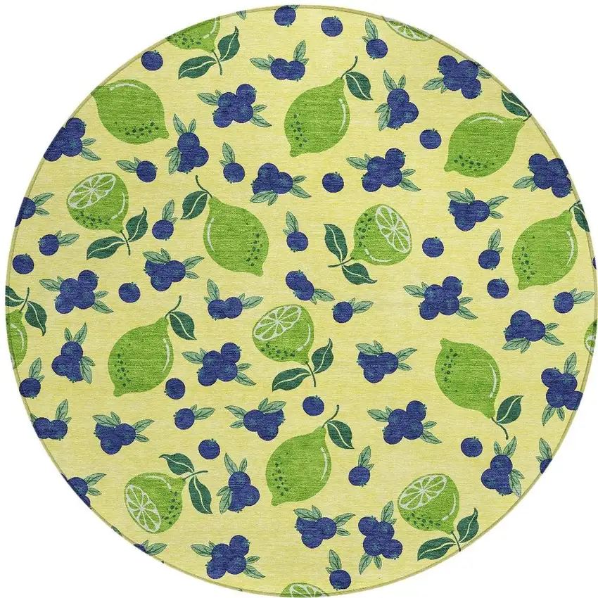 8' Yellow Blue And Green Round Lemons Washable Indoor Outdoor Area Rug Photo 4