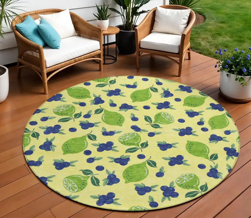 8' Yellow Blue And Green Round Lemons Washable Indoor Outdoor Area Rug Photo 1