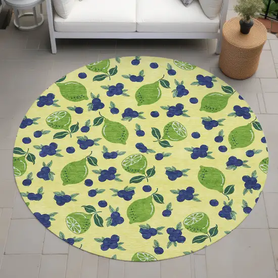 8' Yellow Blue And Green Round Lemons Washable Indoor Outdoor Area Rug Photo 9