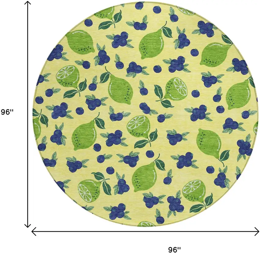 8' Yellow Blue And Green Round Lemons Washable Indoor Outdoor Area Rug Photo 3