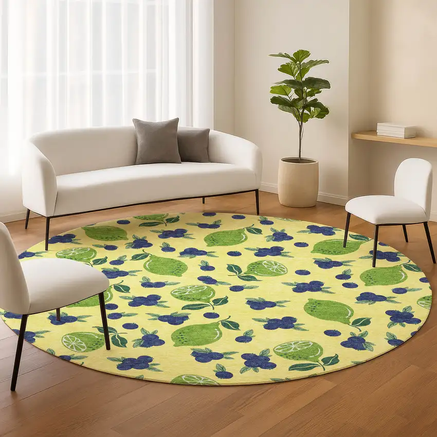 8' Yellow Blue And Green Round Lemons Washable Indoor Outdoor Area Rug Photo 9