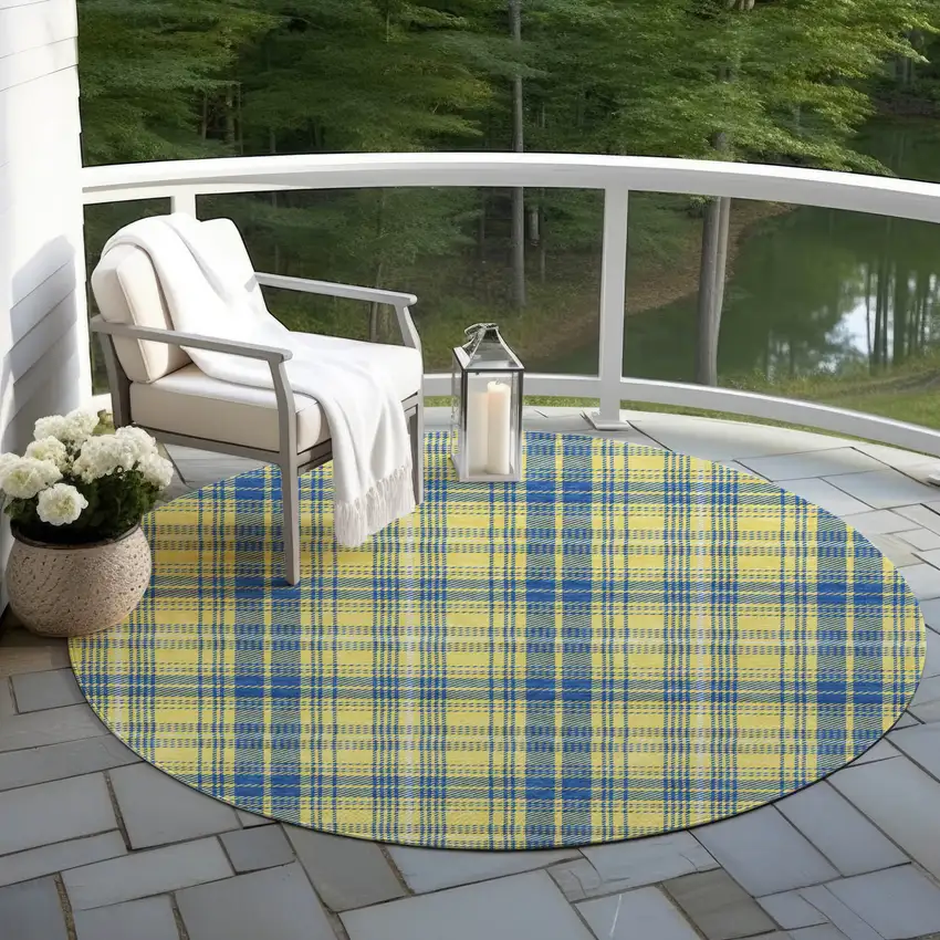 8' Yellow Blue And Ivory Round Plaid Washable Indoor Outdoor Area Rug Photo 5