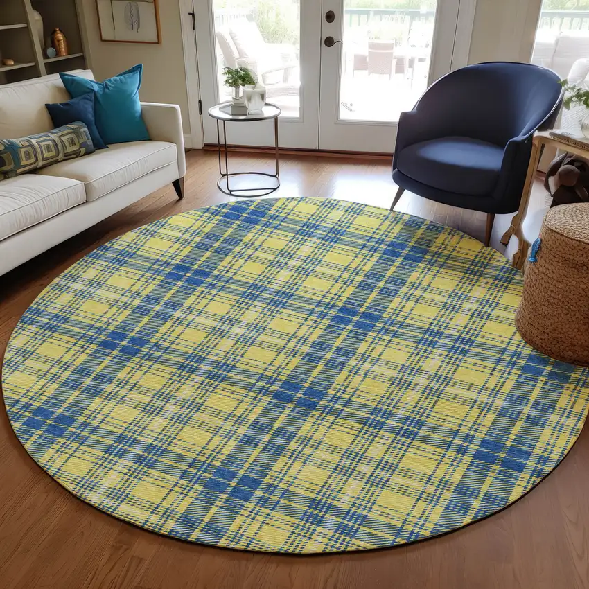 8' Yellow Blue And Ivory Round Plaid Washable Indoor Outdoor Area Rug Photo 6