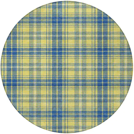 8' Yellow Blue And Ivory Round Plaid Washable Indoor Outdoor Area Rug Photo 4