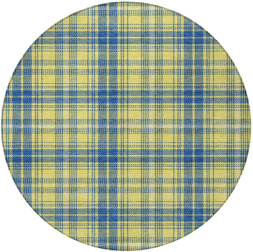 8' Yellow Blue And Ivory Round Plaid Washable Indoor Outdoor Area Rug Photo 4