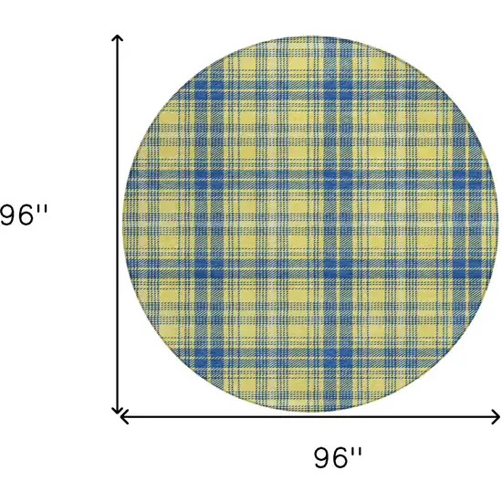 8' Yellow Blue And Ivory Round Plaid Washable Indoor Outdoor Area Rug Photo 3
