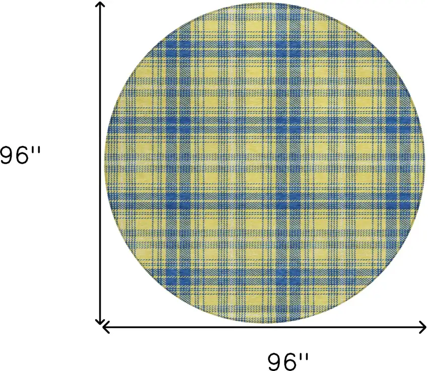 8' Yellow Blue And Ivory Round Plaid Washable Indoor Outdoor Area Rug Photo 3