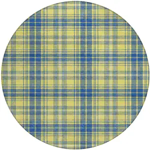 Photo of 8' Yellow Blue And Ivory Round Plaid Washable Indoor Outdoor Area Rug