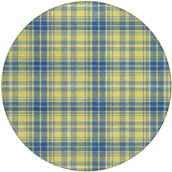 8' Yellow Blue And Ivory Round Plaid Washable Indoor Outdoor Area Rug Photo 2