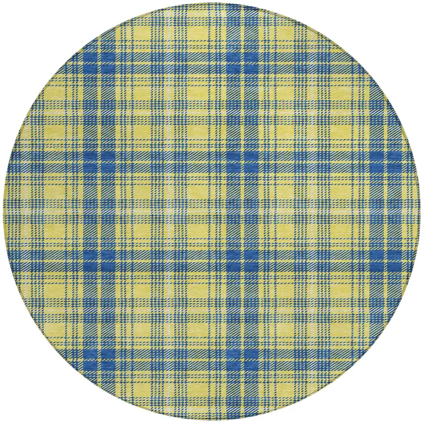 8' Yellow Blue And Ivory Round Plaid Washable Indoor Outdoor Area Rug Photo 2